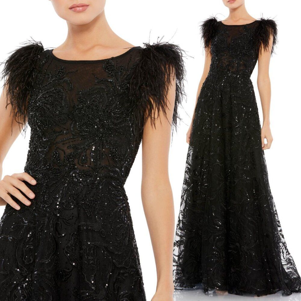 Mac Duggal 20296 Size 8 Black Embellished Feather Long Ballgown Gown Maxi‎ Dress